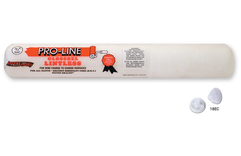 The ARROWORTHY Pro-Line GLOSSDEL c/c Lintless Roller, 18 in. x 3/4 in., is a white cylindrical cover for semi-coarse to coarse surfaces, shown with two white plastic end caps. Ideal for high-gloss paint applications.